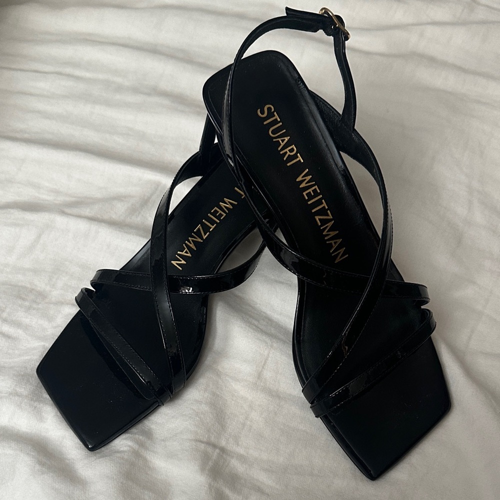 Stuart Weitzman Glossy Patent Black Strappy Heels 2.25 inches high kitten heels
